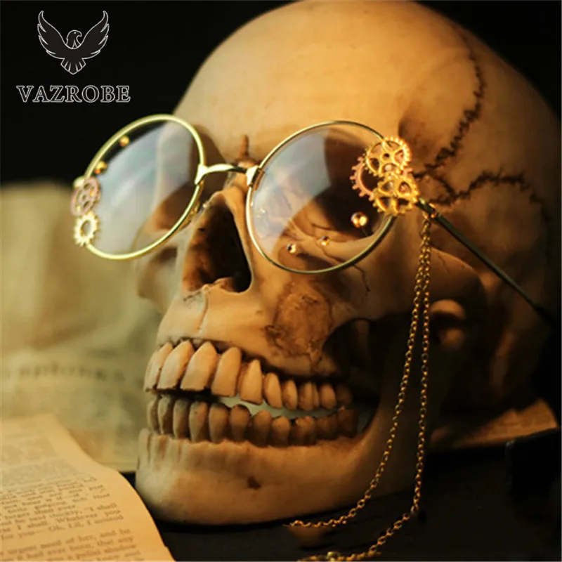 

Vazrobe Small Round Eyeglasses Women Lolita Steampunk Glasses Frame Woman Gear Chain Decoration Eyewear female vintage Retro