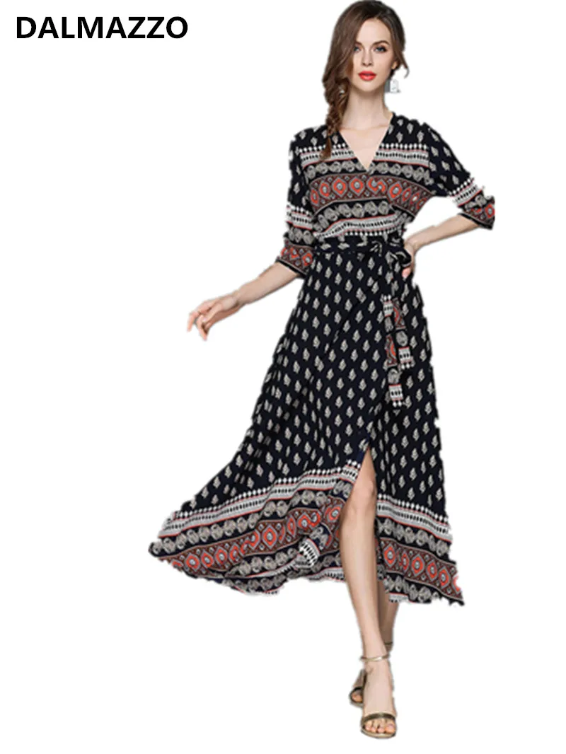 High end Designer 2018 Summer High quality Retro Printed V Neck Chiffon