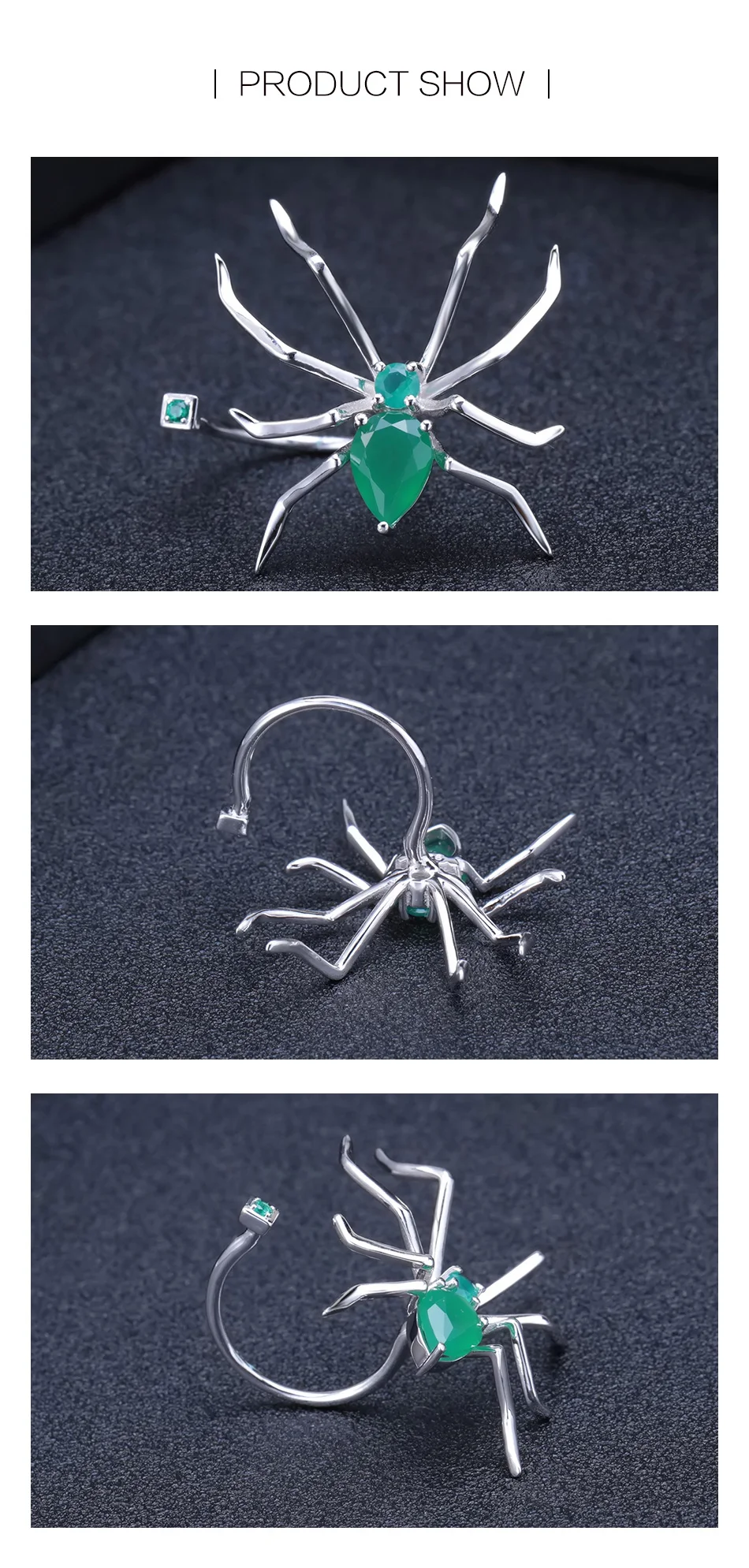 Natural Green Agate Gemstone Wedding Spider Design Rings