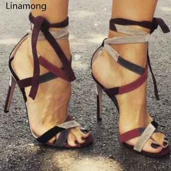 

High quality New Arrival Suede Leather Women Party Dress Shoes Patchwork Lace-Up Decoration High Platform Thin Heels Sandals