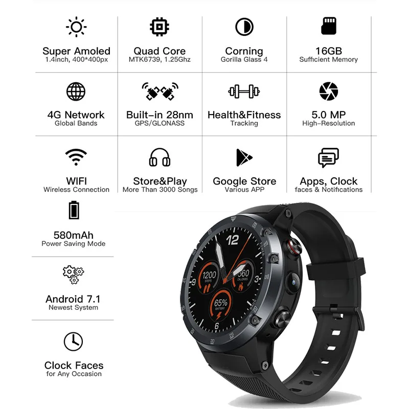 4G Lte Global Bands SmartWatch GPS android7.1.1 watch Quad Core Music business Smart Assistant Smart Watch pk Zeblaze THOR 4 pro
