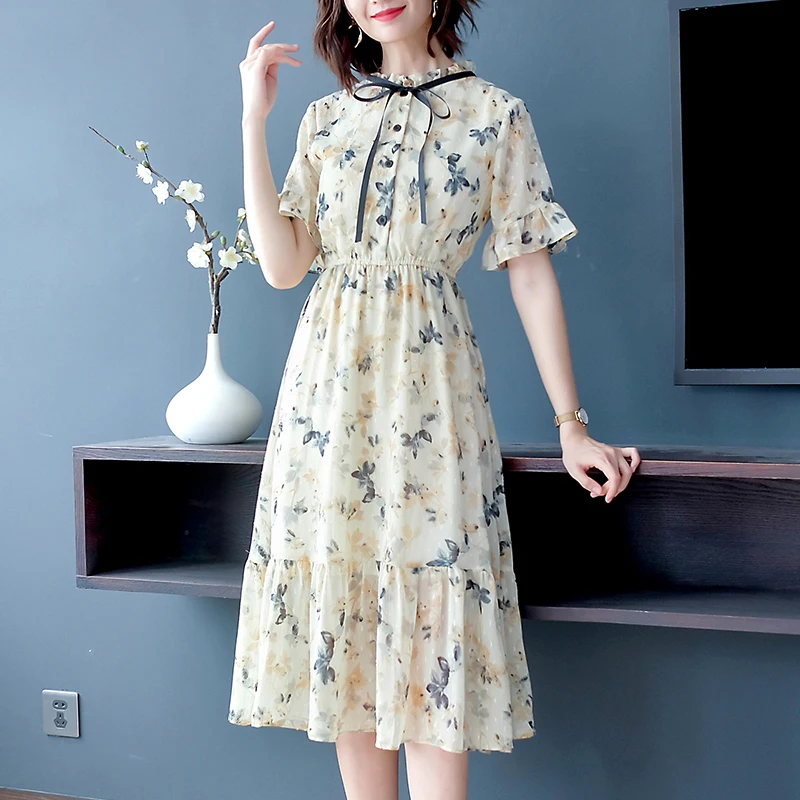 

Beige Flower Summer Dress 2019 New Korean Women Short Sleeve Floral Print Long Chiffon Dresses Female Sweet Casual Clothing