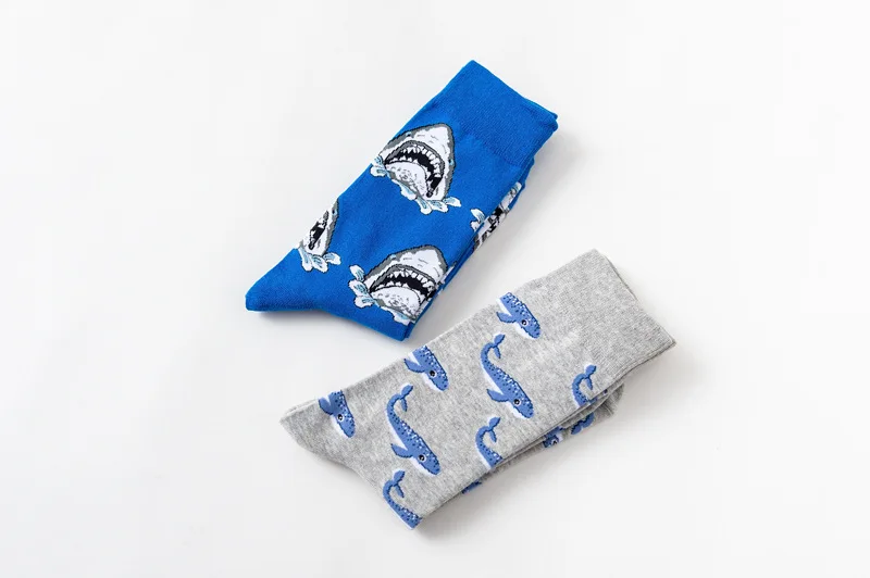 Осенне-зимние модные мужские новые носки-трубы, смешные художественные носки с креветками, Длинные Носки с рисунком акулы, высокие облегающие мужские носки