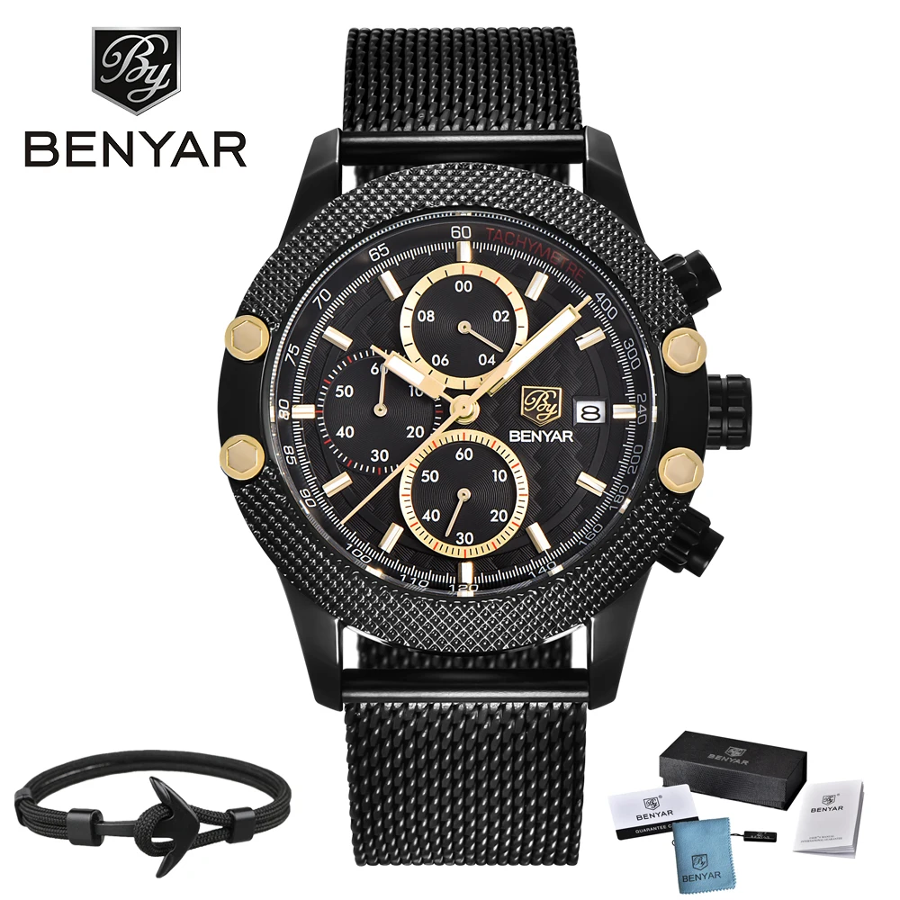 

BENYAR Casual men's watch Sport Chronograph Fashion Watches Men Mesh Rubber Band Waterproof Luxury Brand military Quartz Watch