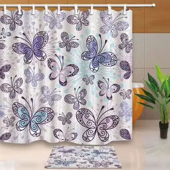 

High Quality Shower Curtains Lavender Cartoon Butterfly Pattern Fabric Bathroom Curtains Waterproof Mouldproof With 12 Hooks