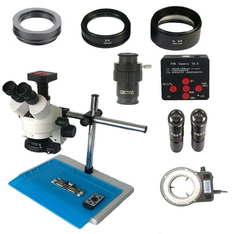 

Dual arm single stand 3.5X-90X Simul Focal Trinocular stereo microscope 36MP HDMI Electronic PCB microscope Camera Led lights