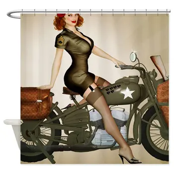 

Pin Up Girl On Army Motorcycle Decorative Fabric Shower Curtain