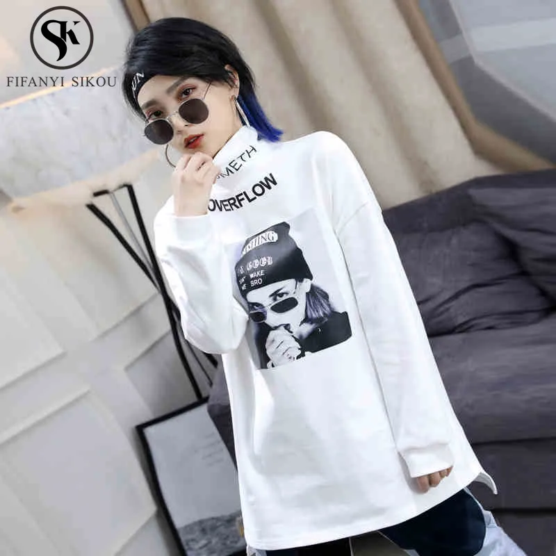 

Spring womens Cotton Tshirt Tops Fashion Turtleneck Print Long sleeve T shirt women Casual Loose Plus size Long Tees Streetwear