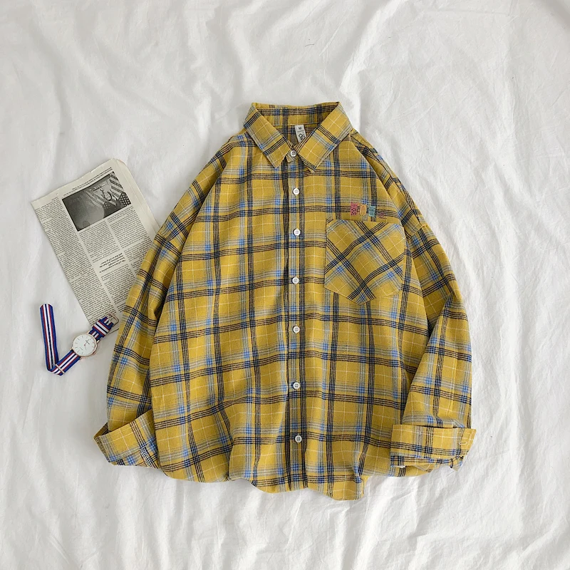 LAPPSTER мужские клетчатые рубашки Harajuku Cat, повседневные мужские рубашки на пуговицах с длинным рукавом, осенние свободные уличные желтые хлопковые рубашки - Цвет: Yellow