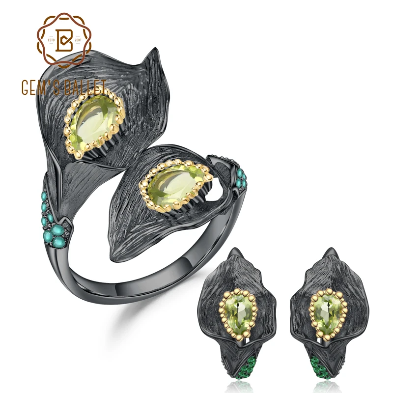 GEM'S балетные 925 пробы серебро ручной работы калла лилия набор украшений для женщин 2.83Ct натуральный Перидот кольцо серьги драгоценный камень наборы