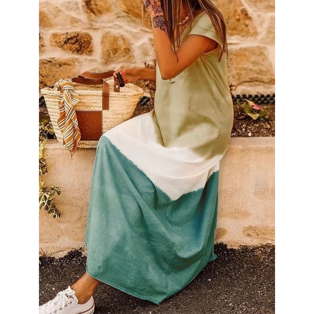 

Gradient Color Hang Dye Cotton Dress Women O Neck Short Sleeve Summer Dresses Plus Size Casual Maxi Dress Long Female 2019