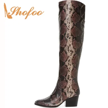 

Snakeskin Female Adult Woman Knee High Boots Slip On Winter Zipper High Square Heels Pointed Toe Novelty 2019 Large Size 11 16