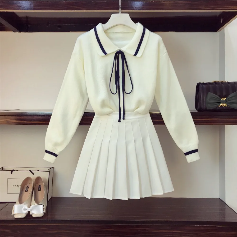 

2019 Spring Women Long Sleeve Bow Knitted Tops + Pleated Skirt 2 pcs sets Students Yong Girls suits A698