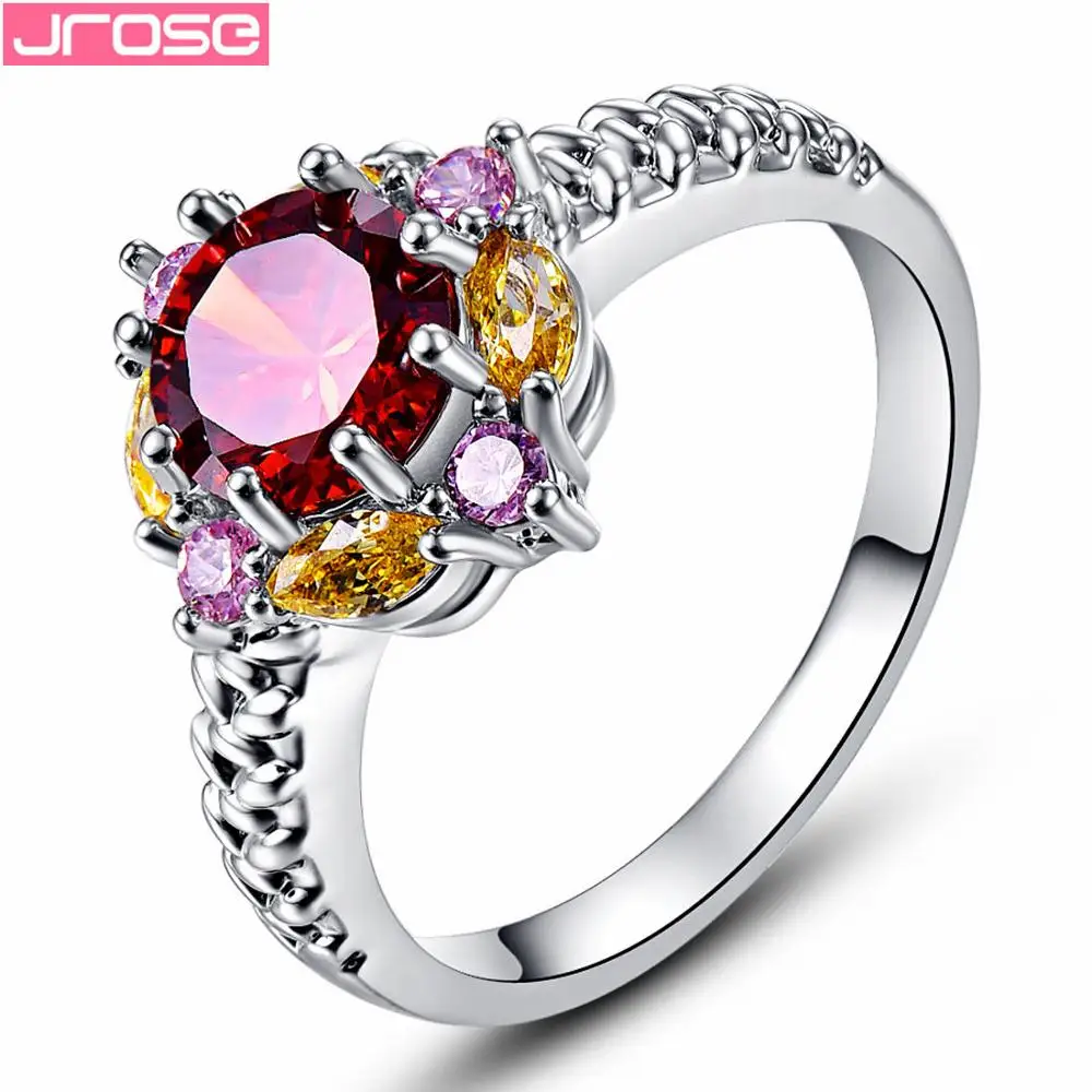 JROSE цветок Кластерные кольца для женщин обручальное кольцо зеленый и красный и розовый CZ ювелирные изделия Женское Обручальное кольцо от 6 до 13 женщин подарок - Цвет основного камня: Красный