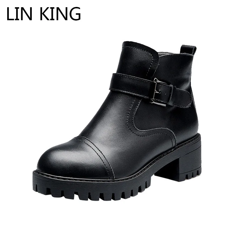 

LIN KING Square Heels Women Martin Boots Black Genuine Leather Spring Ankle Boots Platform Round Toe High Top Casual Shoes