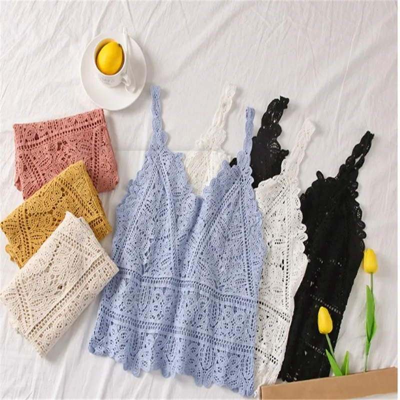 

2019 Summer New Women Sweet Sexy Off Shoulder Crochet Knit Lace Hollowed Out Basic Vest Short Style Top Blouses Solid Lady Vest