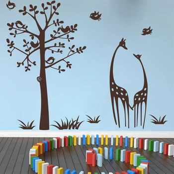 

Huge Jungle Tree Giraffe Birds Wall Sticker Baby Nursery Living Room Large Wildlife Forest Nature Landscape Wall Decal Bedroom