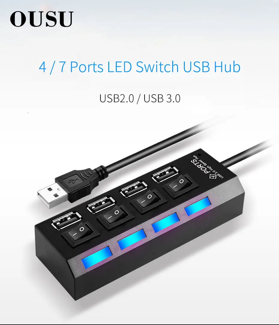 OUSU высокое Скорость мини usb-концентратор с несколькими портами 3,0 4 7 Порты USB разветвитель переключатель хаб 2,0 USB концентратор с Мощность адаптера компьютера ПК Аксессуары