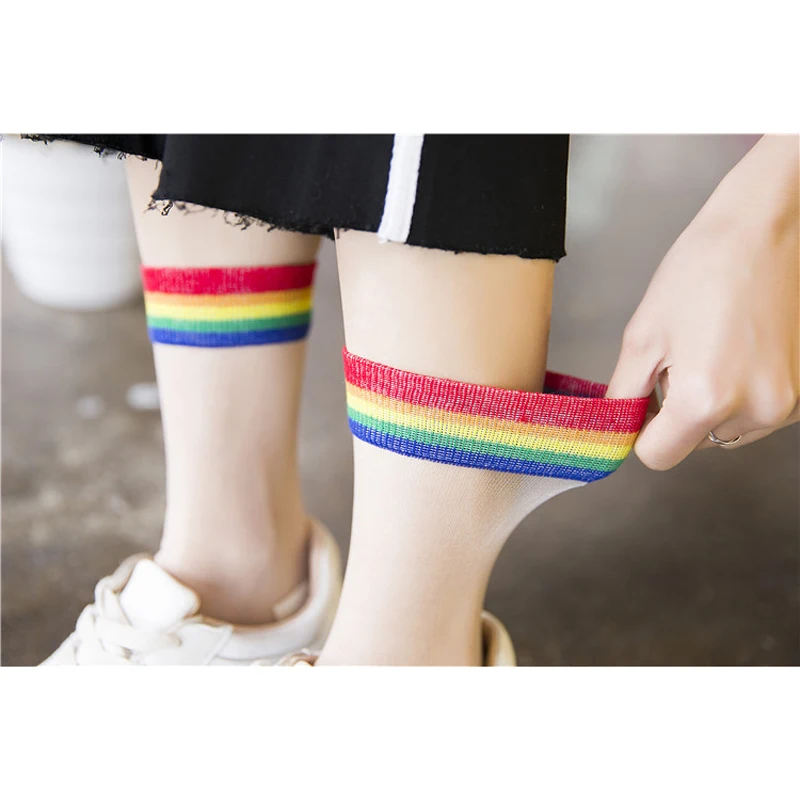 1 пара женских носков Радужный Harajuku короткие женские носки летние тонкие прозрачные шелковые дышащие Прочные Женские носки Meias