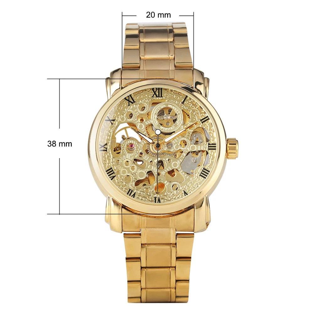 WINNER прозрачные часы со скелетом Золотые механические самопродуваемые мужские часы стальной ремешок римские цифры дисплей деловые мужские часы