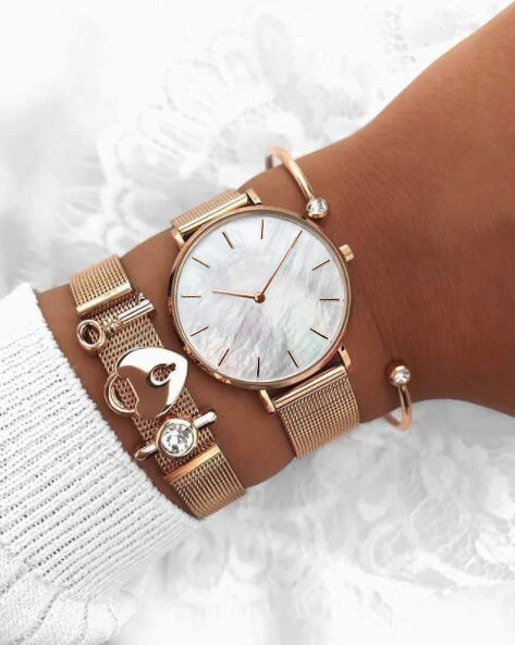 Mavis Hare идеальный комплект из сетчатого браслета-шарма, включая наручные часы с ракушкой и Браслет-манжета с кристаллами из розового золота, 8 шт
