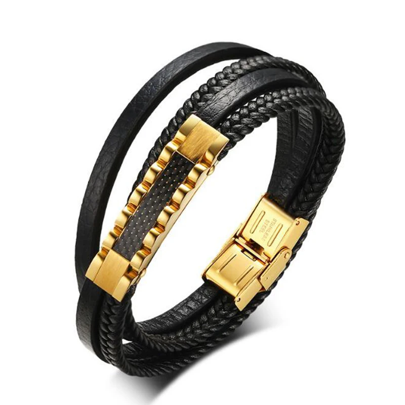 Carbon Fiber Men Bracelet Double Layer Genuine Leather Stainless Steel ...