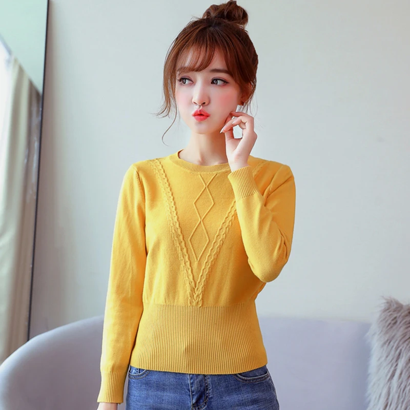 Fashion High Waist Slim Women Sweater Winter Round Neck Knit Pullover Ribbed Elasticity Small Waist Female Student Sweater 2018
