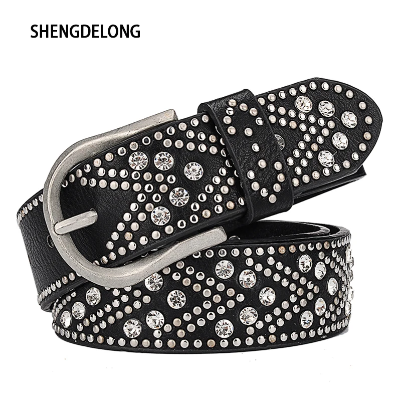 SHENGDELONG Rivet Inlay Ancient Belt For Women Fashion Pin Buckle Waist