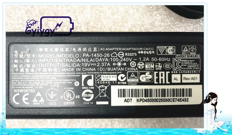 Acer 19V 2.37A 45W PA-1450-26 ADP-45HE B Power Supply AC Adapter 5.5mm-2