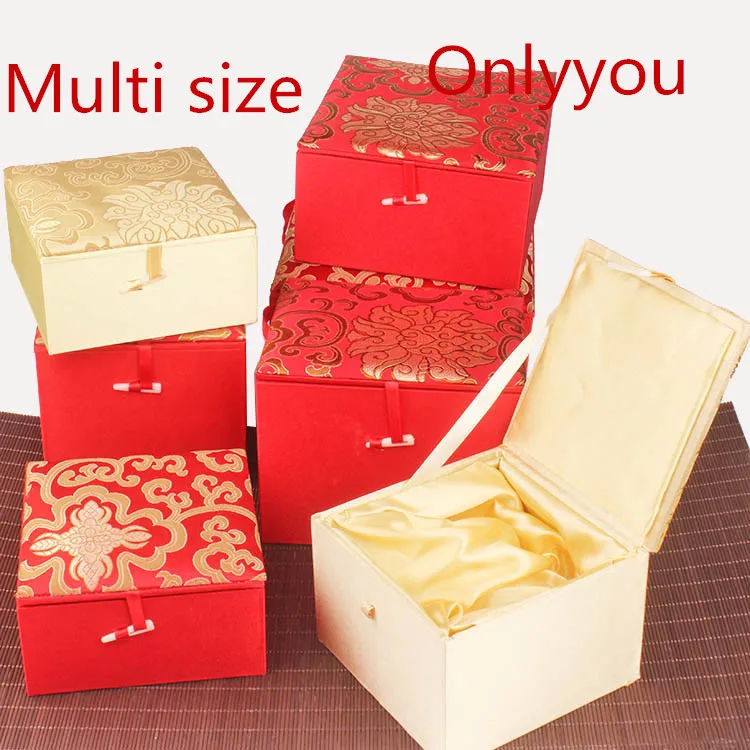 Multi size Square Large Cotton Filled Wooden Jewelry Collection Box Decoration Chinese Gift Packaging Silk Brocade Storage Case