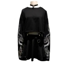 JOYINPARTY в готическом стиле, с вышивкой «дракон» Для женщин футболка с длинным рукавом Толстовка в стиле панк свободные короткие сексуальная девушка раздавить футболки