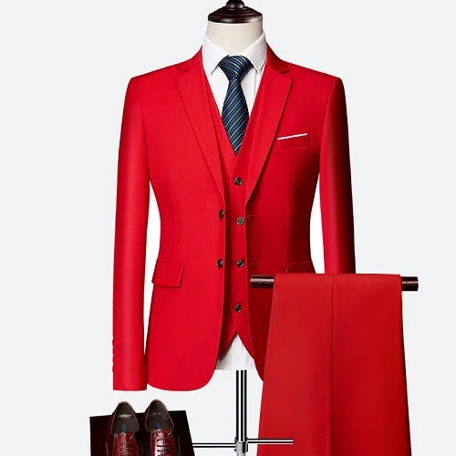 Пиджак+ брюки+ жилет, новинка, мужские формальные деловые облегающие костюмы, свадебные платья, 3 предмета, вечерние блейзеры, пальто, брюки, жилет - Цвет: 3 piece bright red