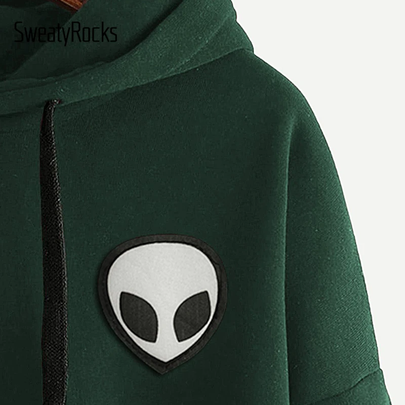  SweatyRocks Solid Casual Drop Shoulder Alien Print Hoodie Long Sleeve Pullovers 2018 Autumn Winter 