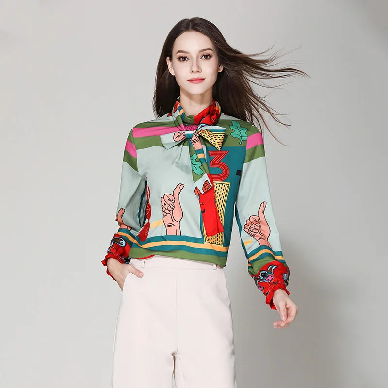 

Unique Pattern Design Runway Women Colorfull Print Loose Shirt Bow Collar Plus Size Chiffon Blouse Quality Summer Bohemian Tops