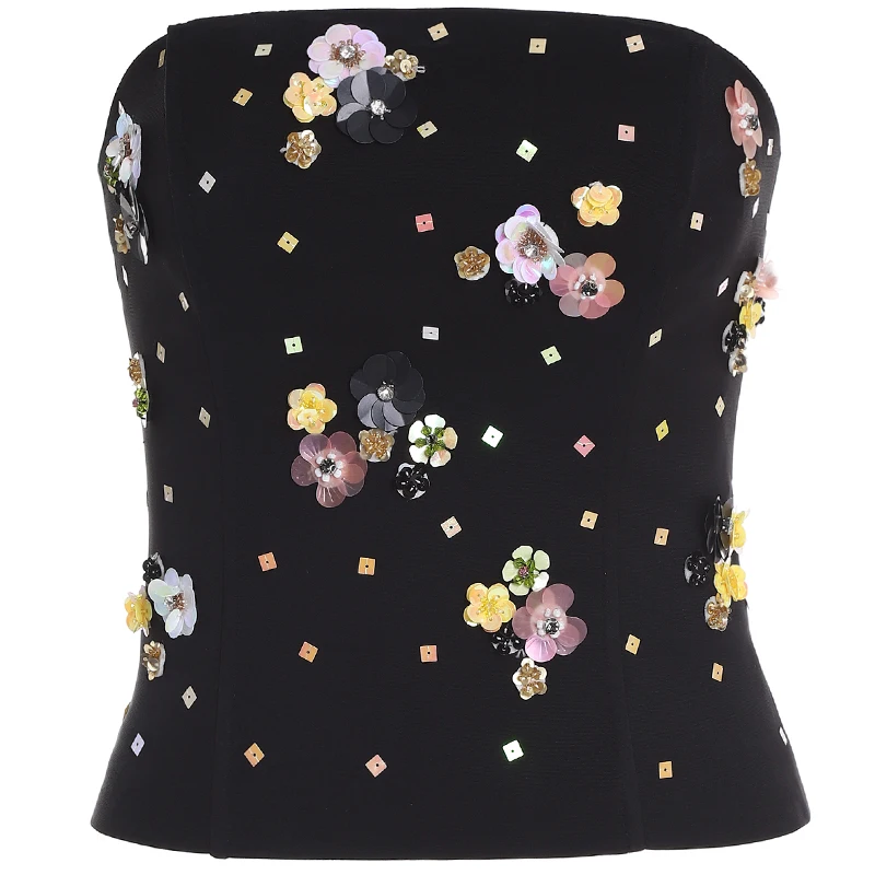 

Brand Fashion Women High-end Luxury Summer Sexy Flower Satin Tube Top Shirt Wrap Black Tees T-shirts shirt