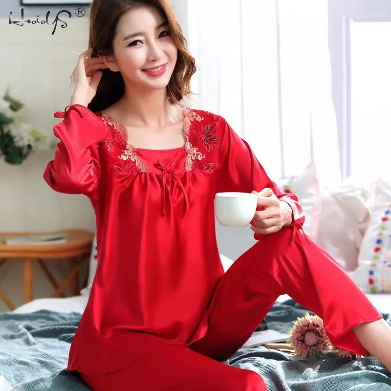 

2019 Autumn Women Ladies Sexy Flower Lace Satin Silk Pajamas Sets Long Sleeve Tops+Pants Sleepwear mujer Nightwear pyjama femme