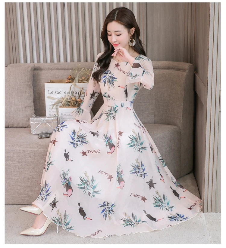 High quality Autumn New Arrival Plus Size S-XXXL Fashion V Collar Flare Sleeve Flower Printed Woman Long Chiffon Dress - Color: Beige