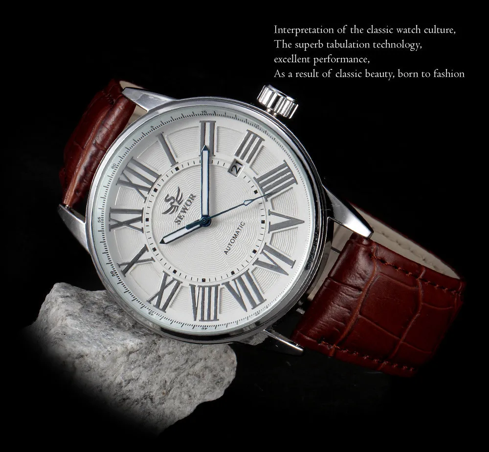 2016 new fashion SEWOR brand design business calendar clock men male automatic mechanical self wind leather wrist dress watch