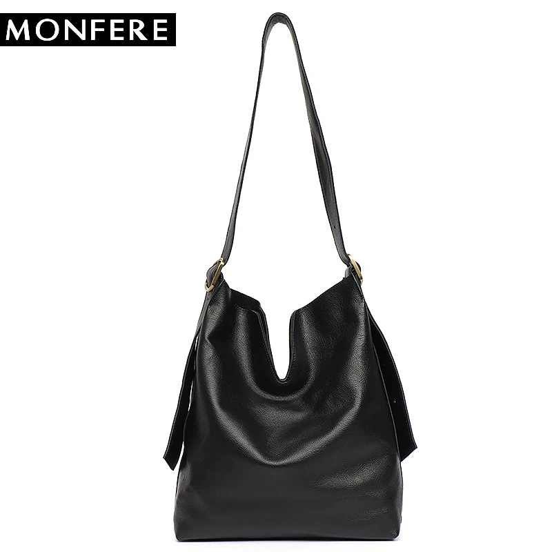 MONFERE Genuine Leather Hobo Handbags Women Classic Vintage Shoulder Bags Casual Soft Black Leather Tote Crossbody Messenger Bag