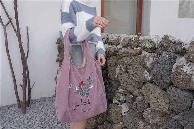 Дамская Вельветовая сумка на плечо с цветочной вышивкой, женская сумка из художественной ткани, повседневная сумка-тоут, эко простые хозяйственные сумки для девочек