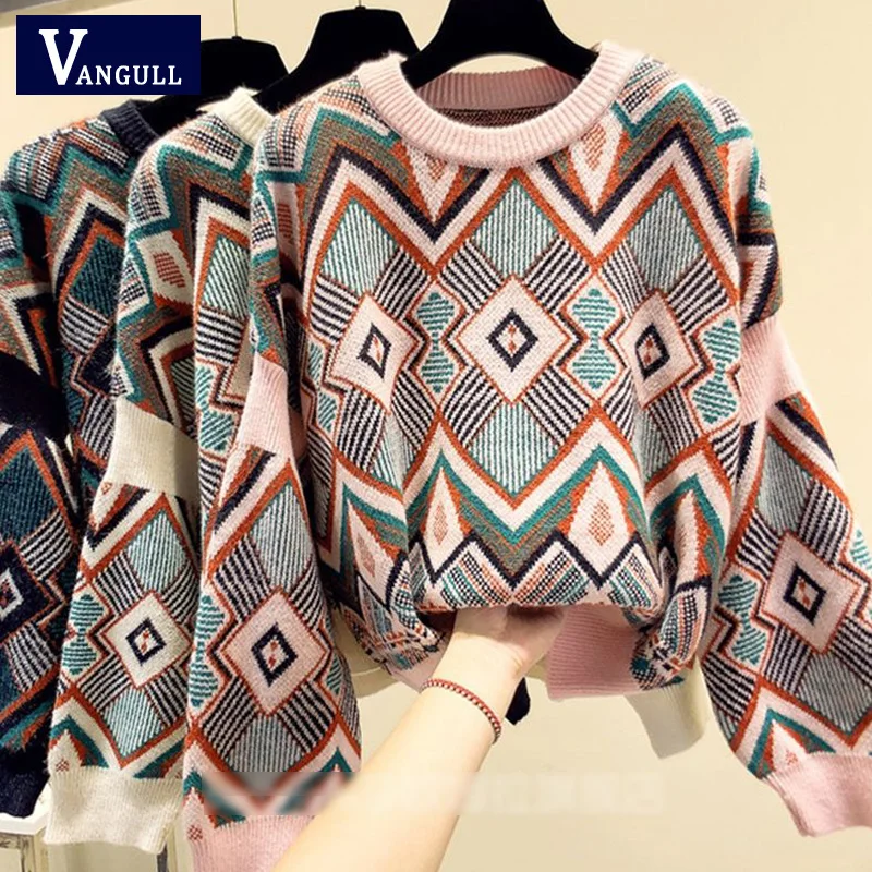 VANGULL свитер высокого качества на весну и осень, Свободный вязаный свитер, пуловер с геометрической вышивкой, женский свитер с круглым вырезом, женские топы