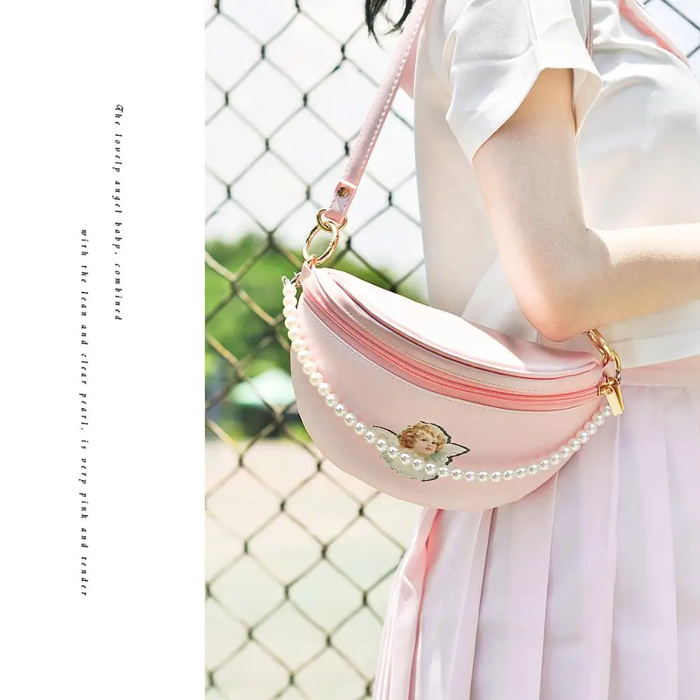 

Angelatracy 2019 New Arrival Angel Pearl Leather PU Pink Cartoon Fresh Sweet Cute Belt Strap Purse Fanny Pack Waist Pack Wallet