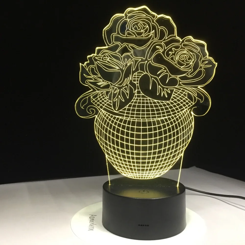 3D Rose Flower Vase Night Light 7 Color Change LED Table Desk Lamp