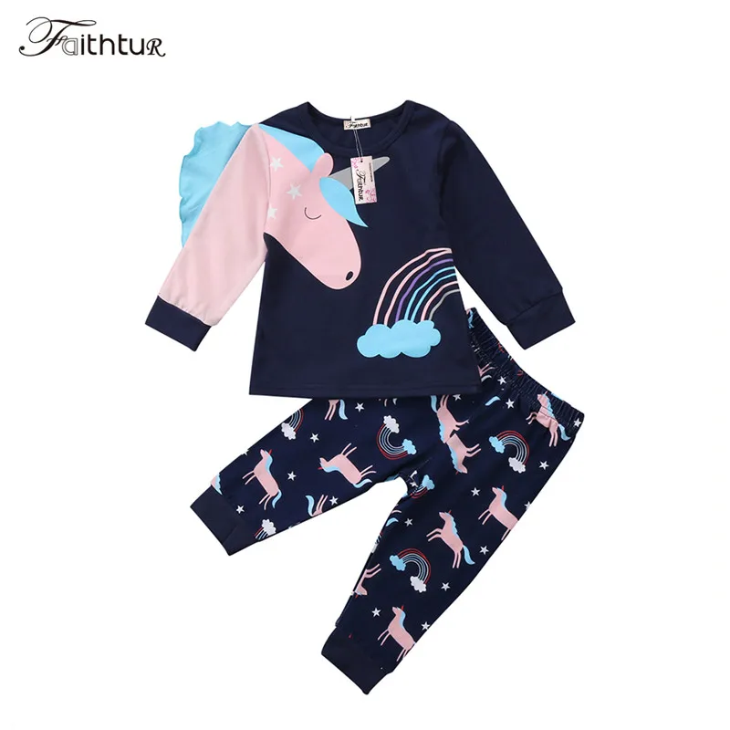 

Toddler Kids Baby Girls Clothing Long Sleeve 3D Unicorn Cartoon T-shirt Top Pants Pajamas Homewear Autumn Outfits 2pcs Set 1-6T