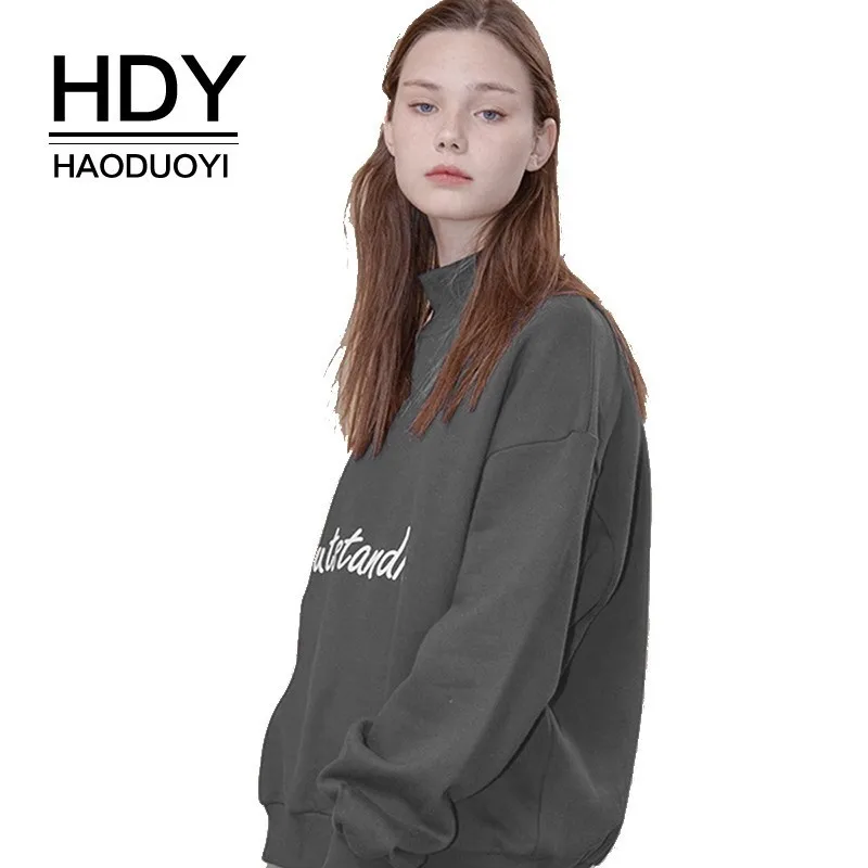 HDY Haoduoyi Simple Leisure College Style Retro Small High Collar Falling Shoulder Loose Letter Printing Long Sleeve Fleece