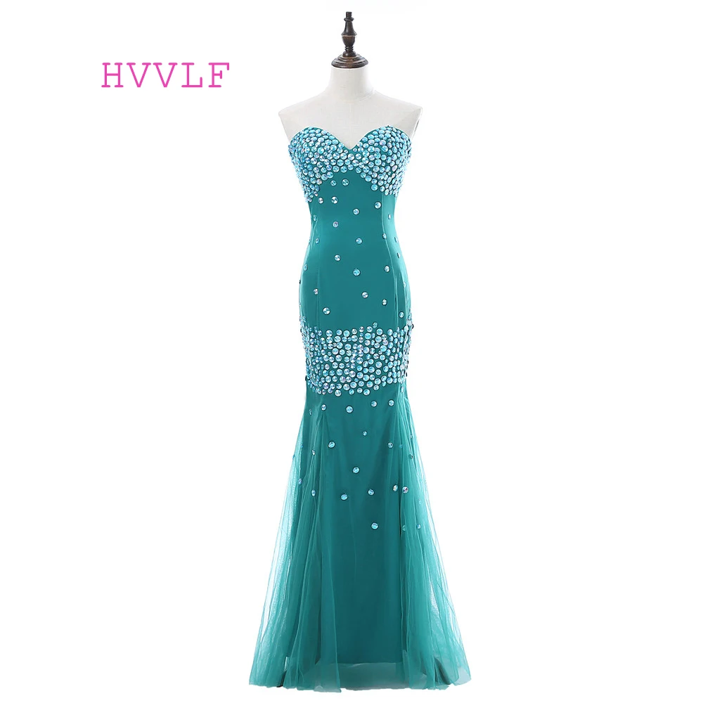 

Green 2019 Prom Dresses Mermaid Sweetheart Tulle Crystals Backless Women Long Prom Gown Evening Dresses Robe De Soiree