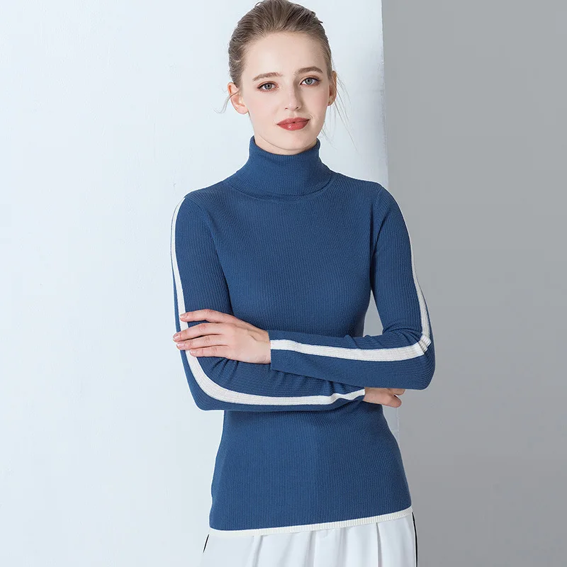

blue wool sweaters women turtleneck fem me jumper Korean style pullover 2019 autumn winter clothes knitted top plus size stripe