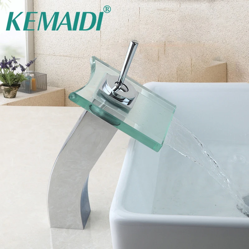 Kaufen KEMAIDI RU Wasserfall Armaturen Deck Montiert Einzigen Handgriff Bathroon Becken Wasserhahn Glas Messing Wasser Mischbatterie Große Auslauf Wasser