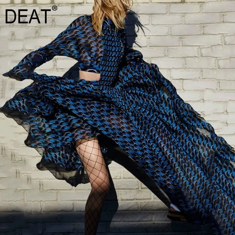 

[DEAT] 2020 Spring Summer New Pattern Turtleneck Three Quarter Sleeve Hollow Empire Waist Printing Ladies Sexy Tunic Dress BA626