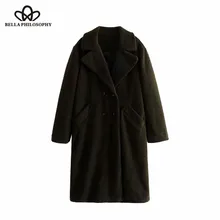 Wonder Новое Осеннее винтажное двубортное длинное пальто из искусственного меха воротник с отворотами длинный рукав карманы Верхняя одежда Повседневная Casaco Femme